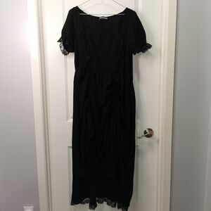 Black Lace-Trim Maxi Dress with Puff Sleeves